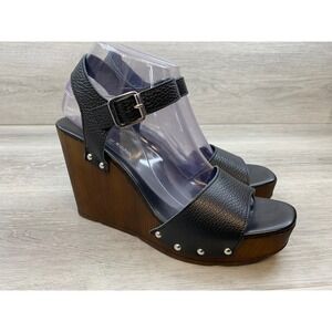 Christian Di Riccio Women's Black Leather 9 Studded Wood Wedge Sandals Italy